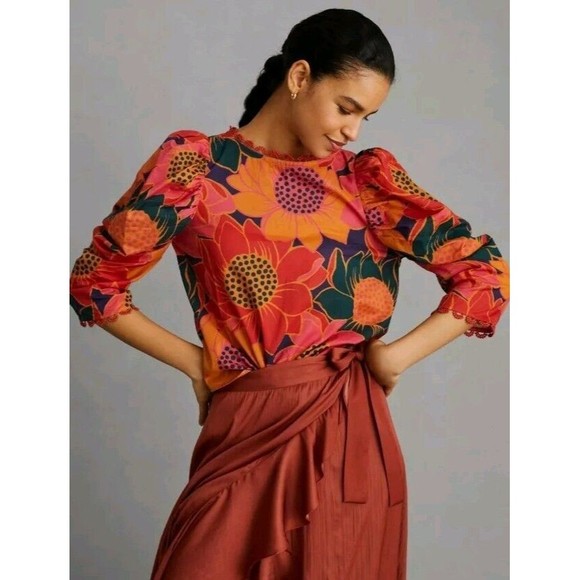 Farm‎ x Anthropology Puff-Sleeve Orange Pink Blouse Sunflowers Women's Size XXS - Picture 2 of 5